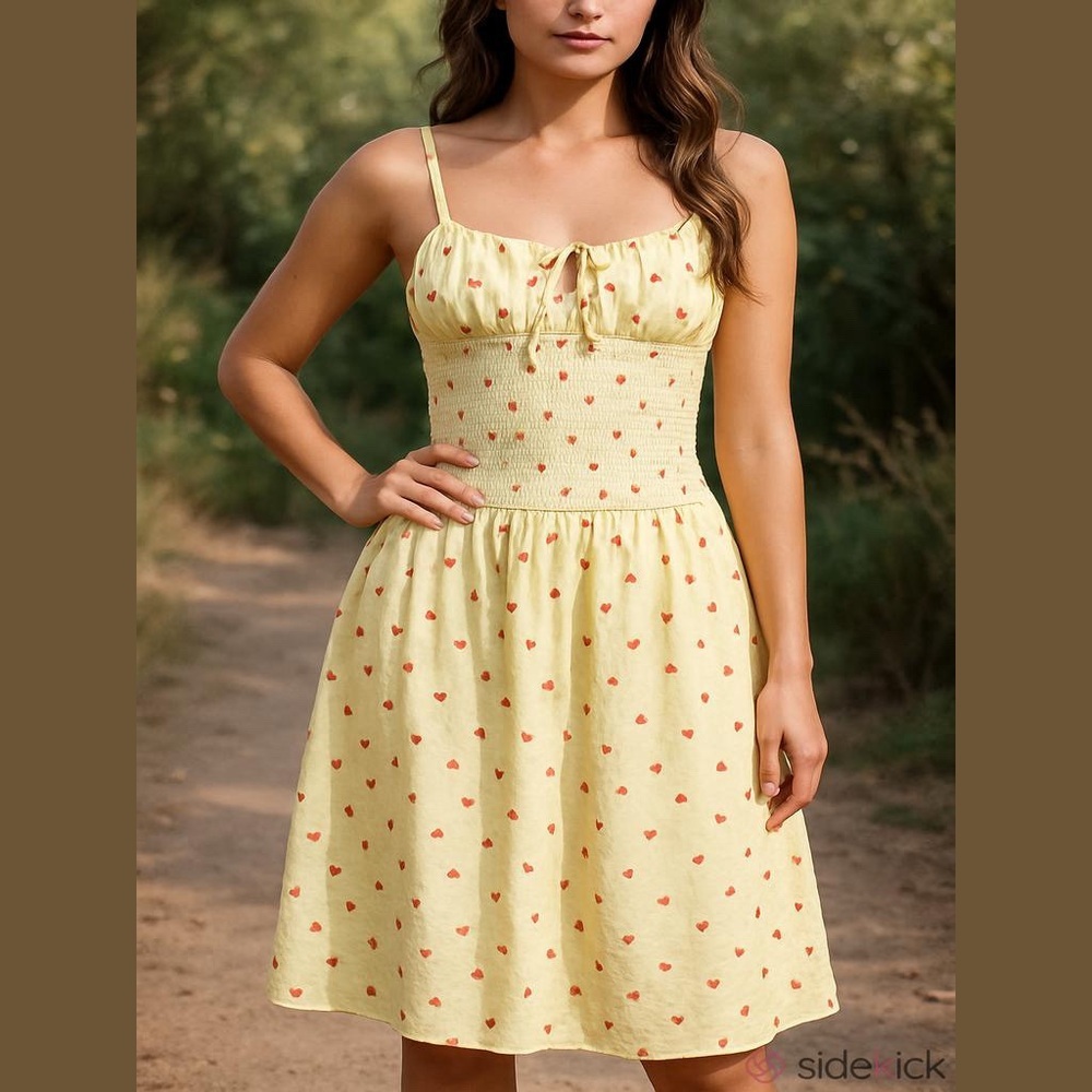 New Free People Yellow Smocked A-Line Sundress w Strawberries